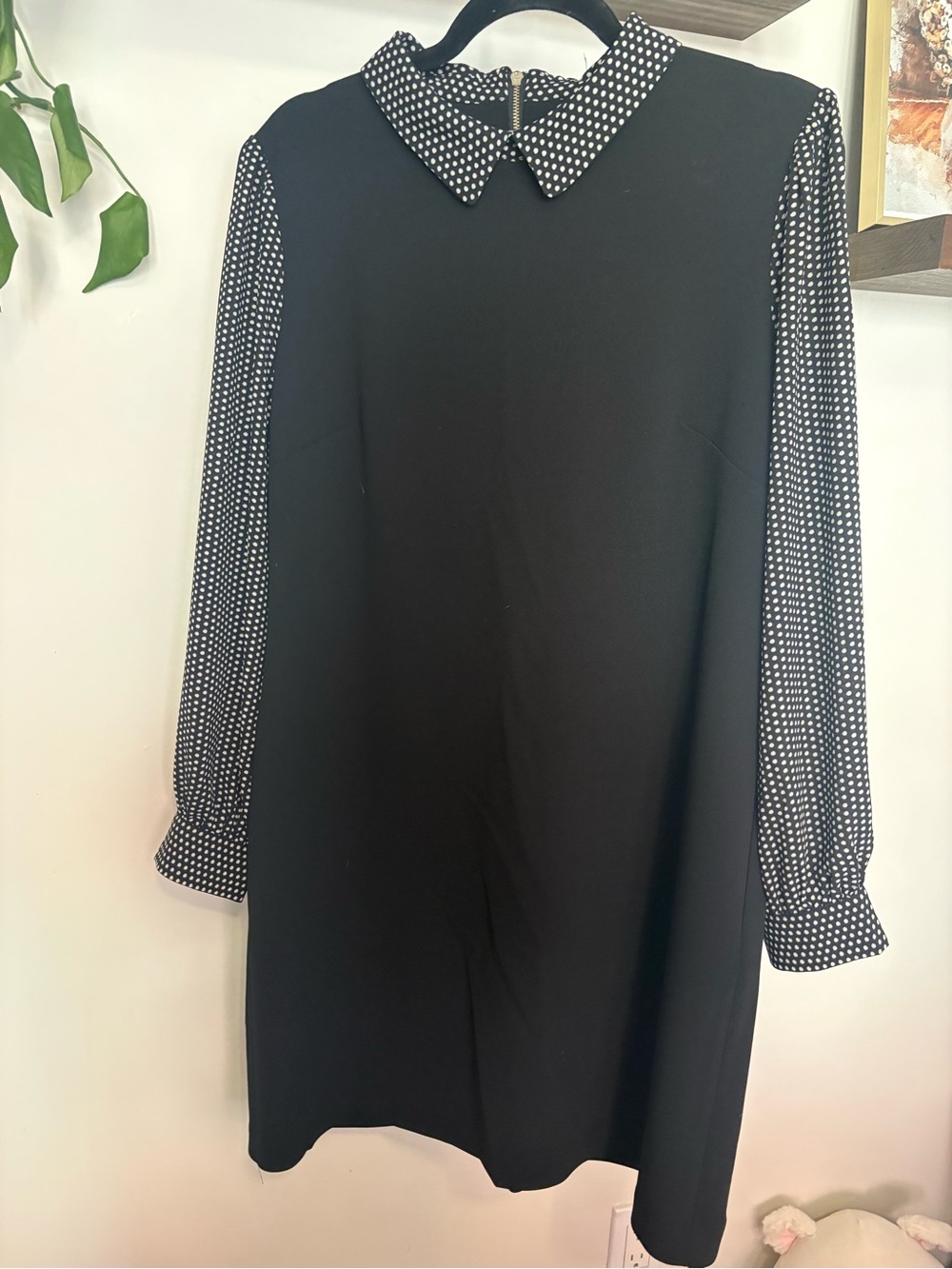 Tommy Hilfiger Black Shift Dress with Polka Dot Collar and Sleeves